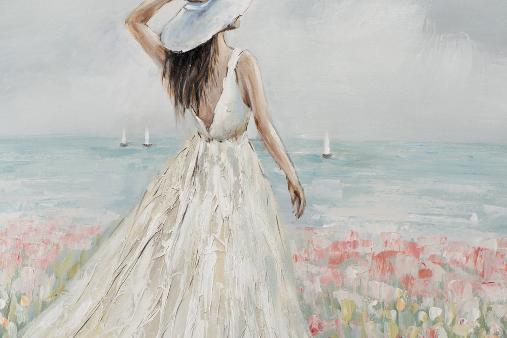 Painting Woman in Sea of ​​Flowers in White Dress