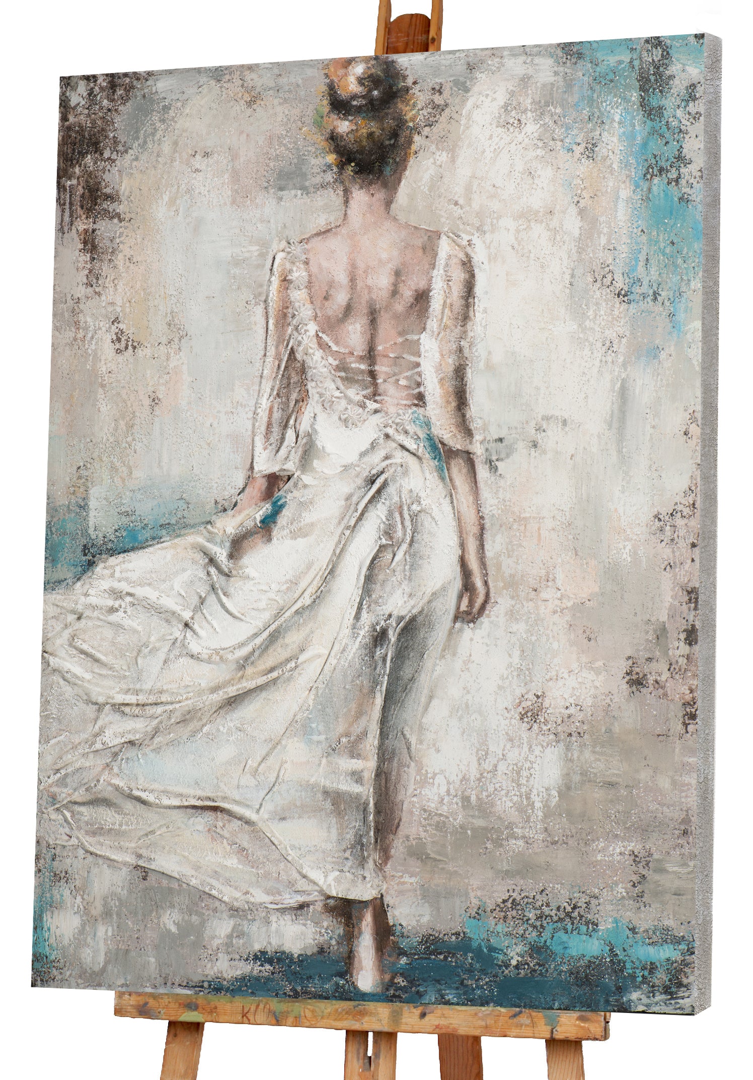 Painting Back View of Woman in White Dress