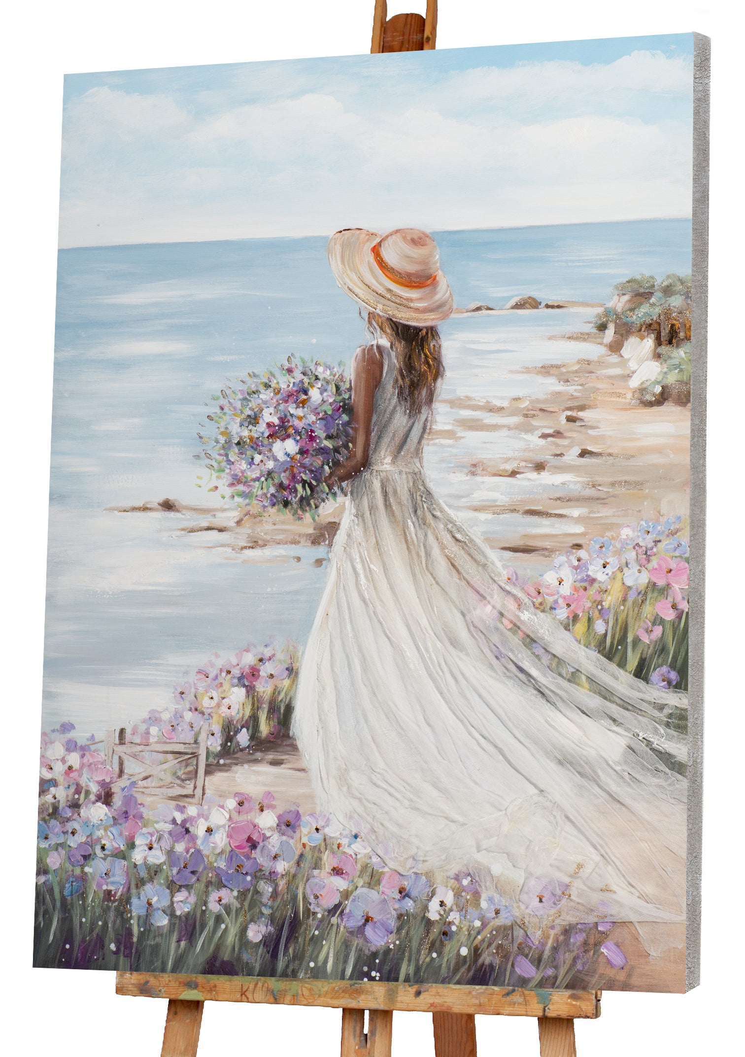 Painting Woman on the Beach with White Dress