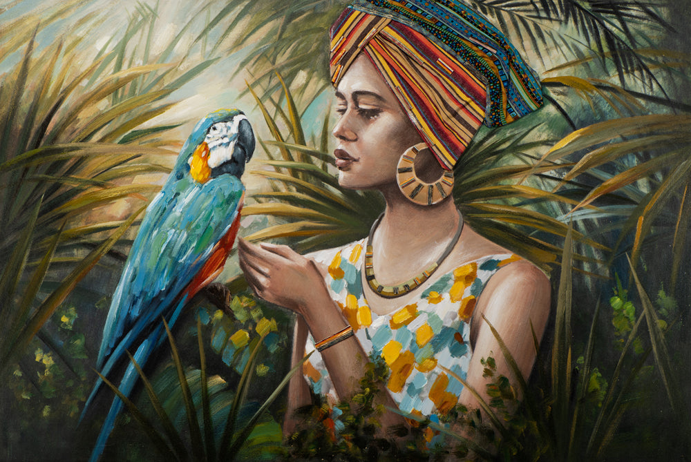 Painting Woman in the Jungle with Blue-Colored Parrot