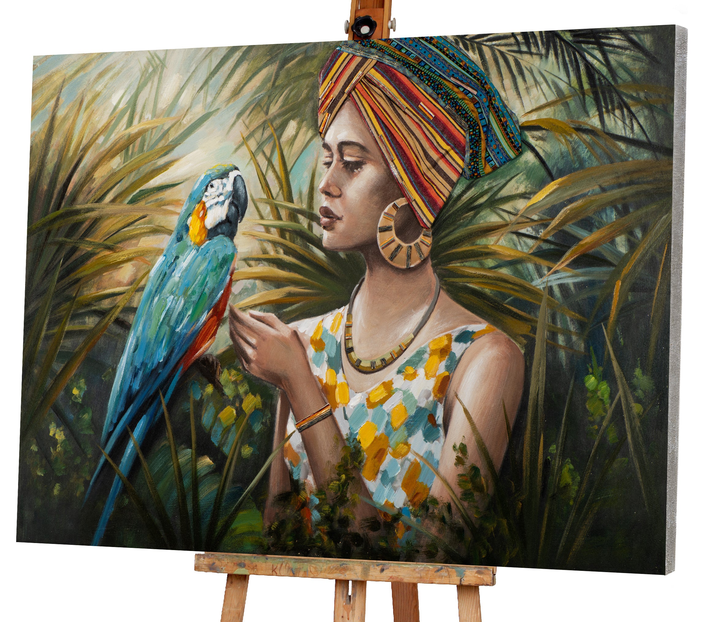 Painting Woman in the Jungle with Blue-Colored Parrot