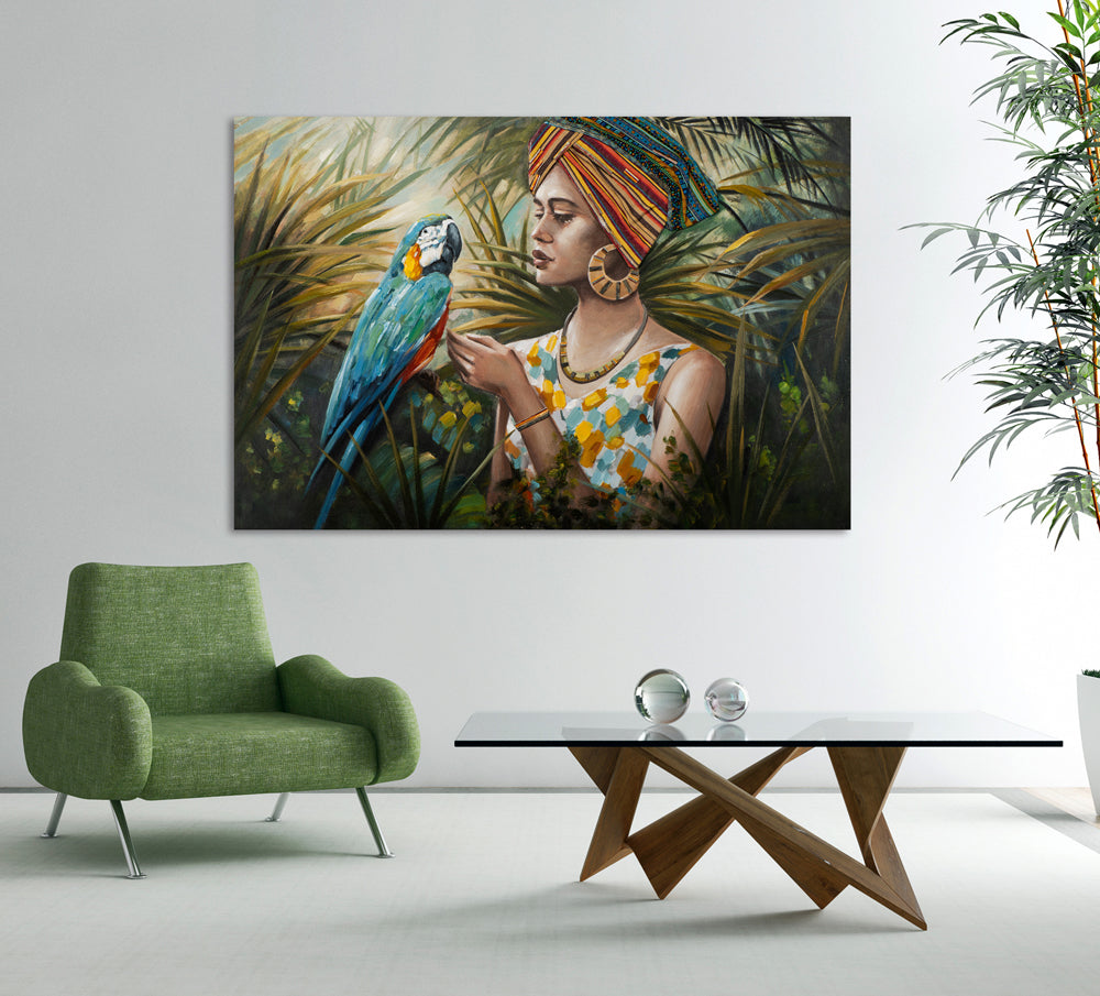 Painting Woman in the Jungle with Blue-Colored Parrot