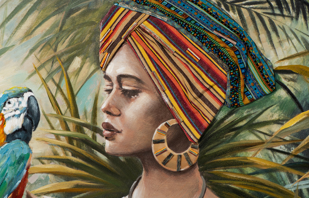 Painting Woman in the Jungle with Blue-Colored Parrot