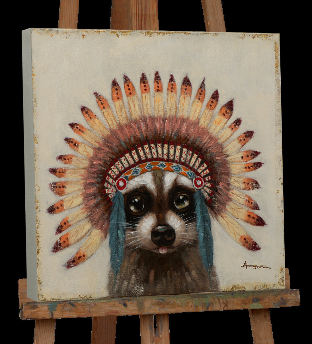 Gemälde Waschbär mit Indianderschmuck
