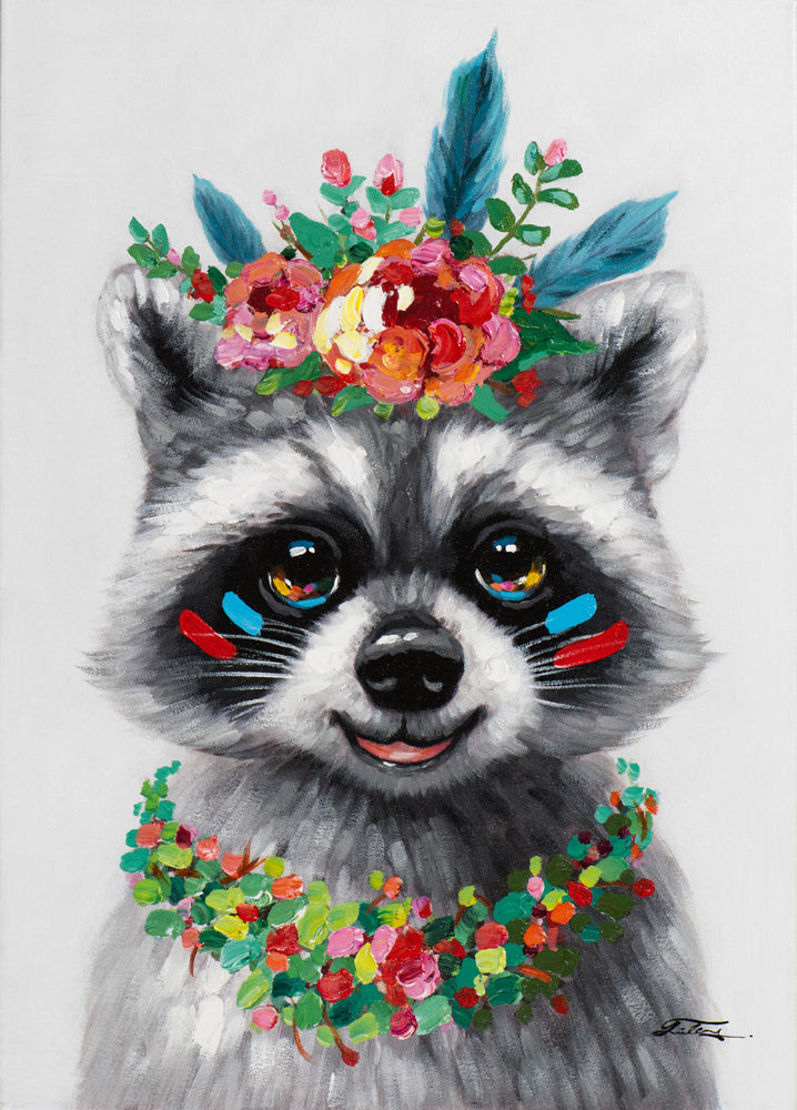 Gemälde Waschbär mit Blumendekoration