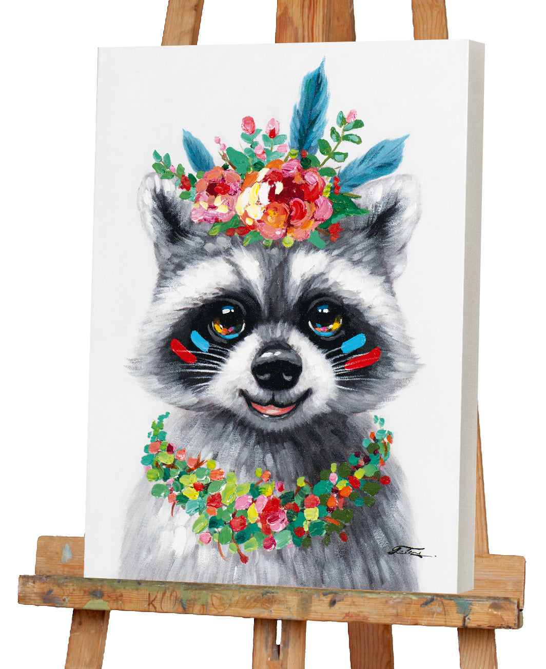 Gemälde Waschbär mit Blumendekoration