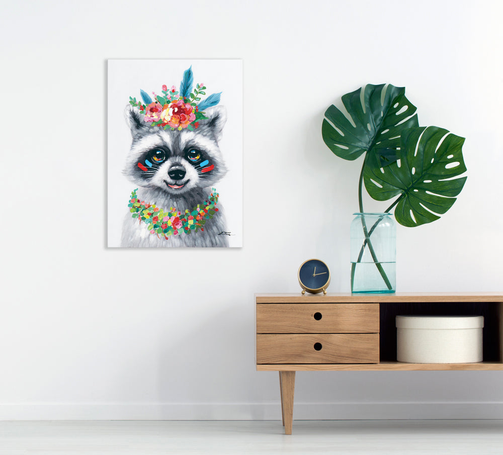Gemälde Waschbär mit Blumendekoration