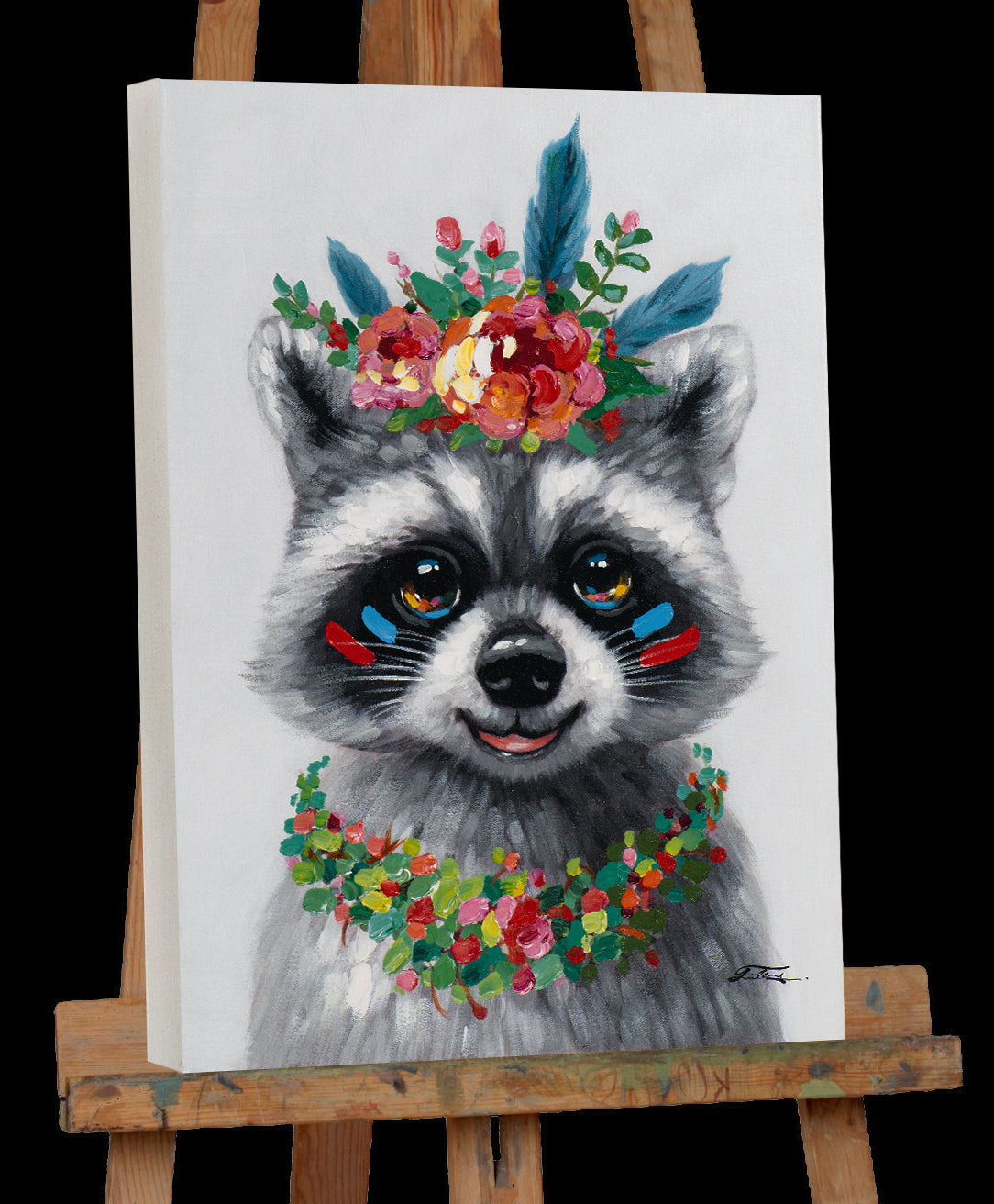 Gemälde Waschbär mit Blumendekoration