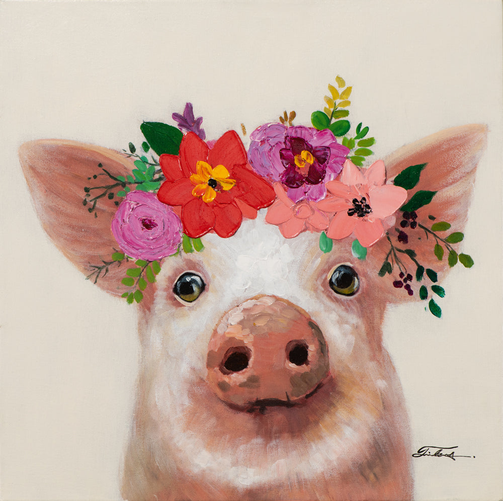 Peinture Petit Cochon avec Décoration de Fleurs