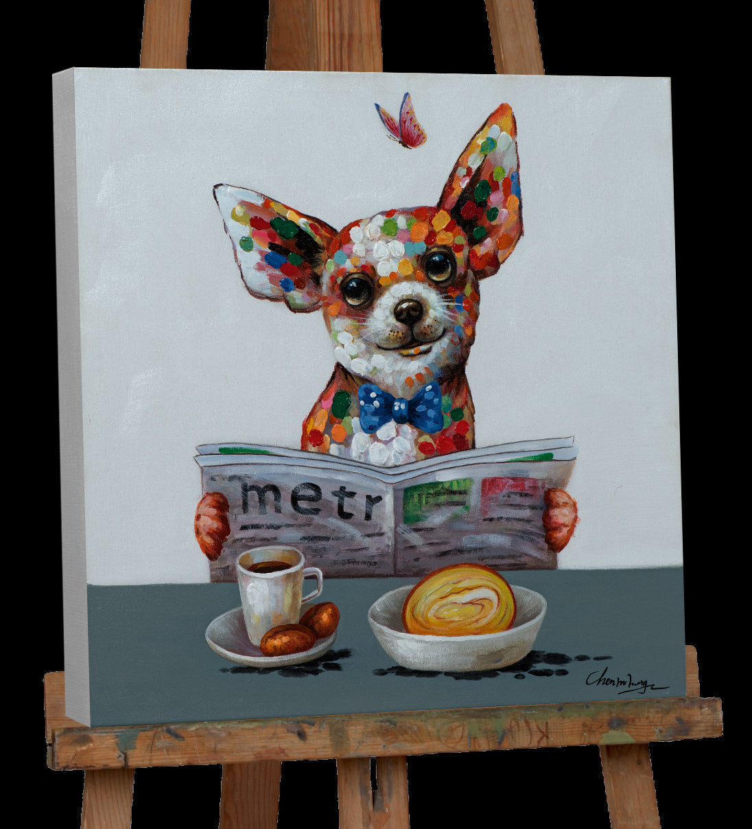 Gemälde Chihuahua Hund frühstückt