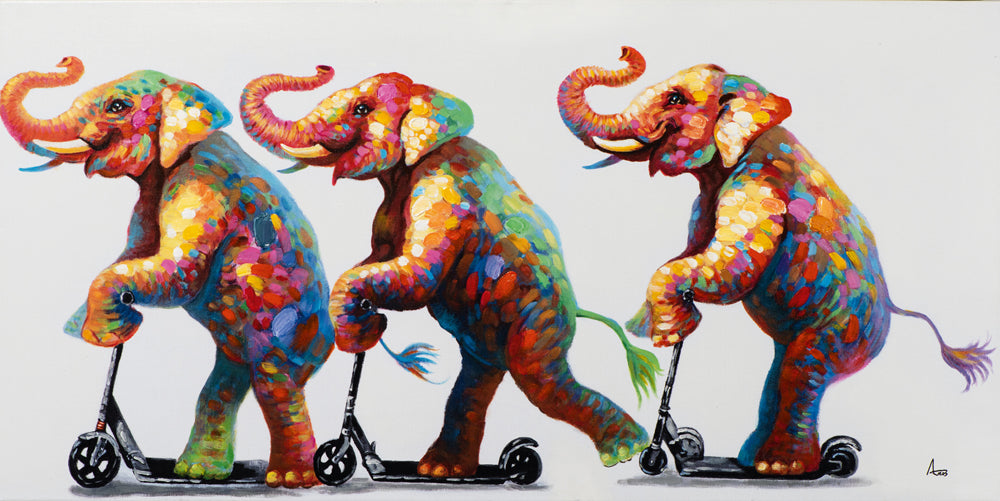 Peinture d'une patrouille d'éléphants sur des scooters
