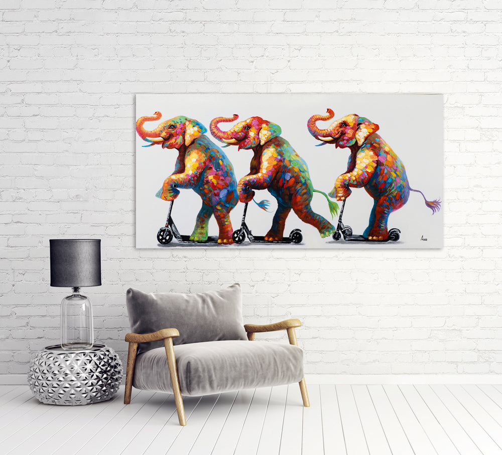 Peinture d'une patrouille d'éléphants sur des scooters