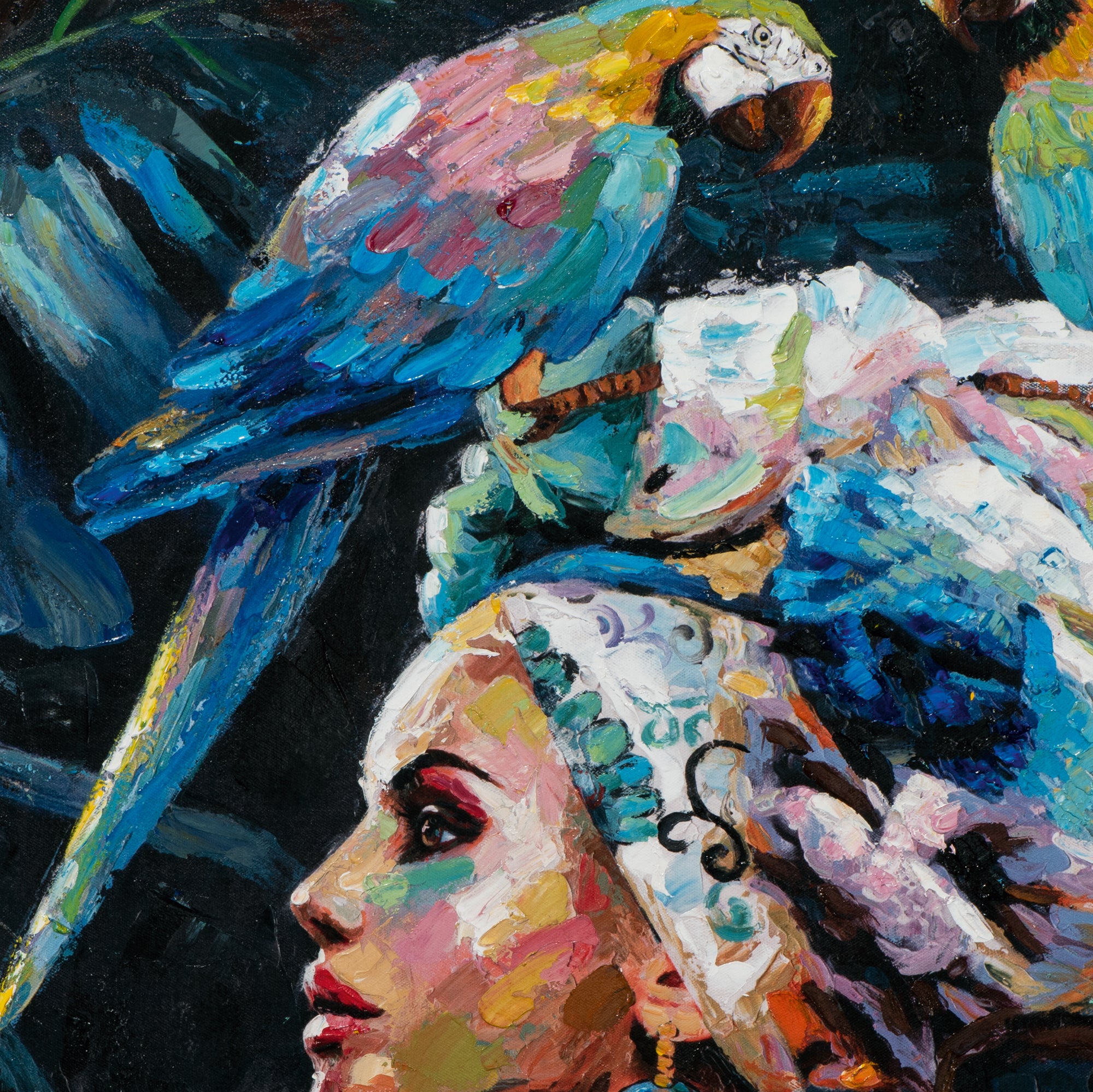 Gemälde Schönheit mit blauen Papageien