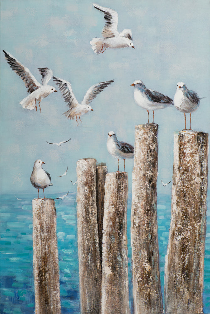 Painting Seagulls on Wooden Poles