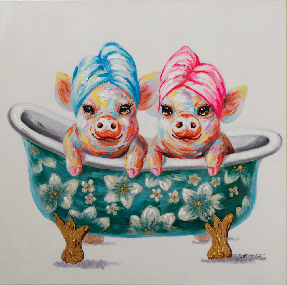 Gemälde 2 Schweinchen in der Wanne