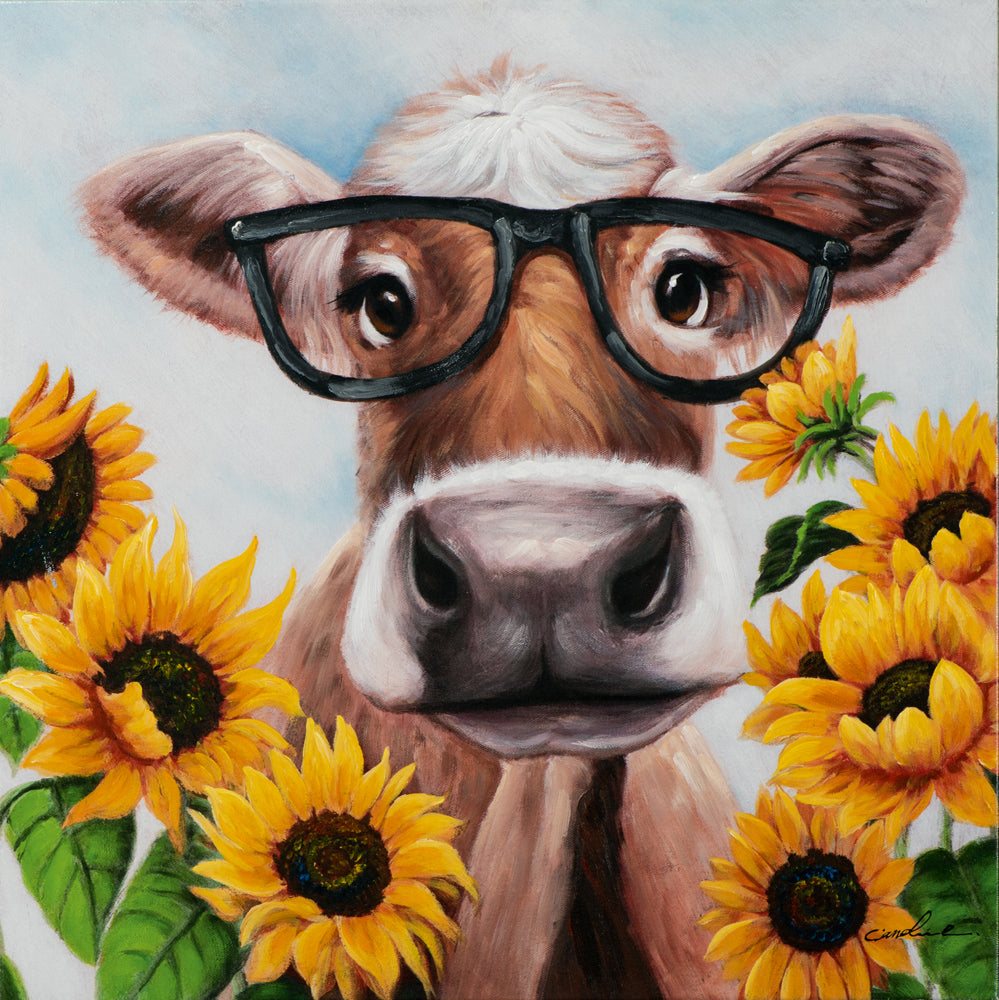 Gemälde Kuh mit Brille im Sonnenblumenfeld