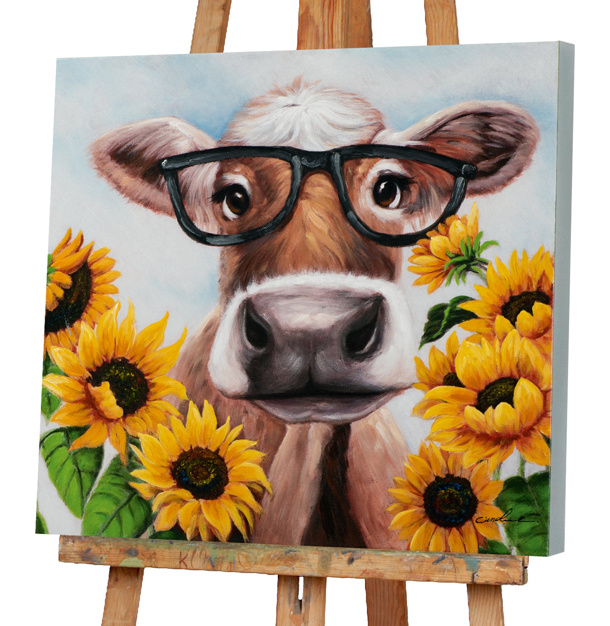 Gemälde Kuh mit Brille im Sonnenblumenfeld