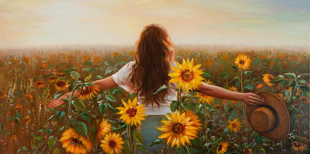 painting Woman in a Sunflower Field
