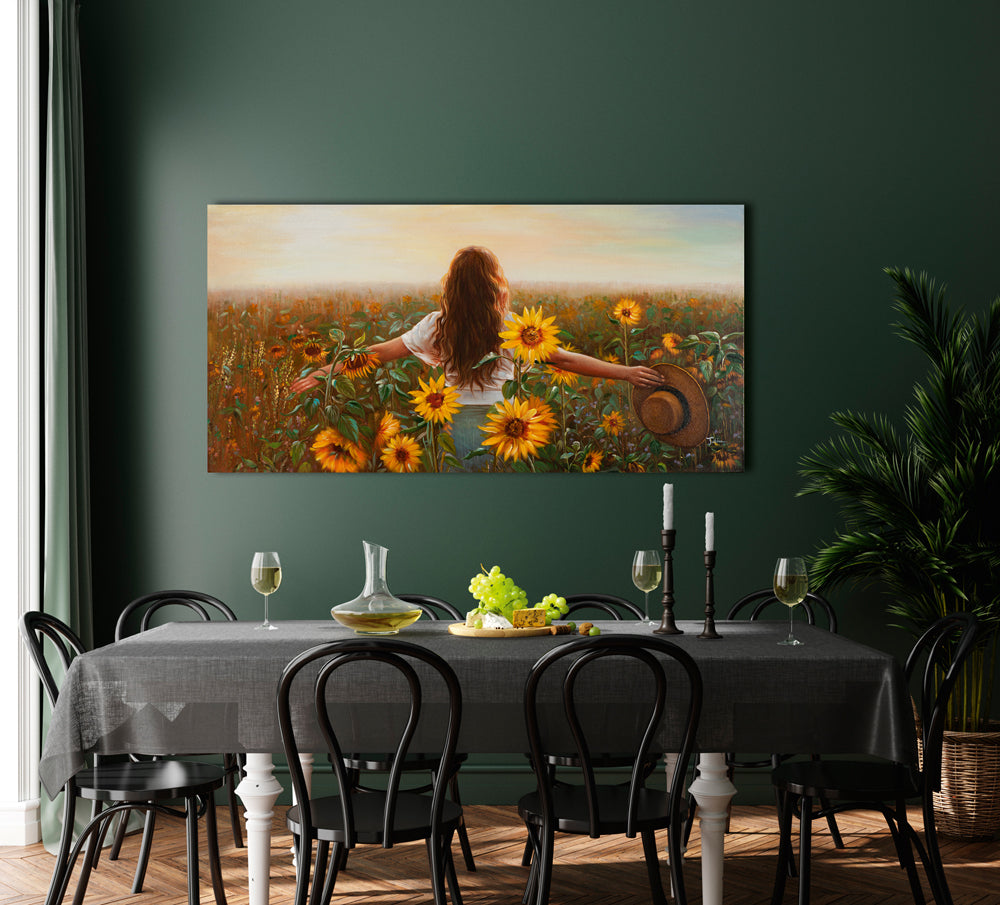 painting Woman in a Sunflower Field