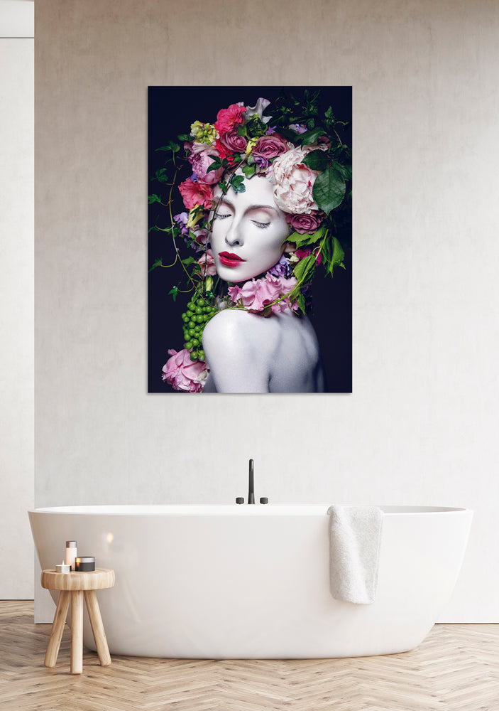 Aluminum picture Pretty woman with flowers