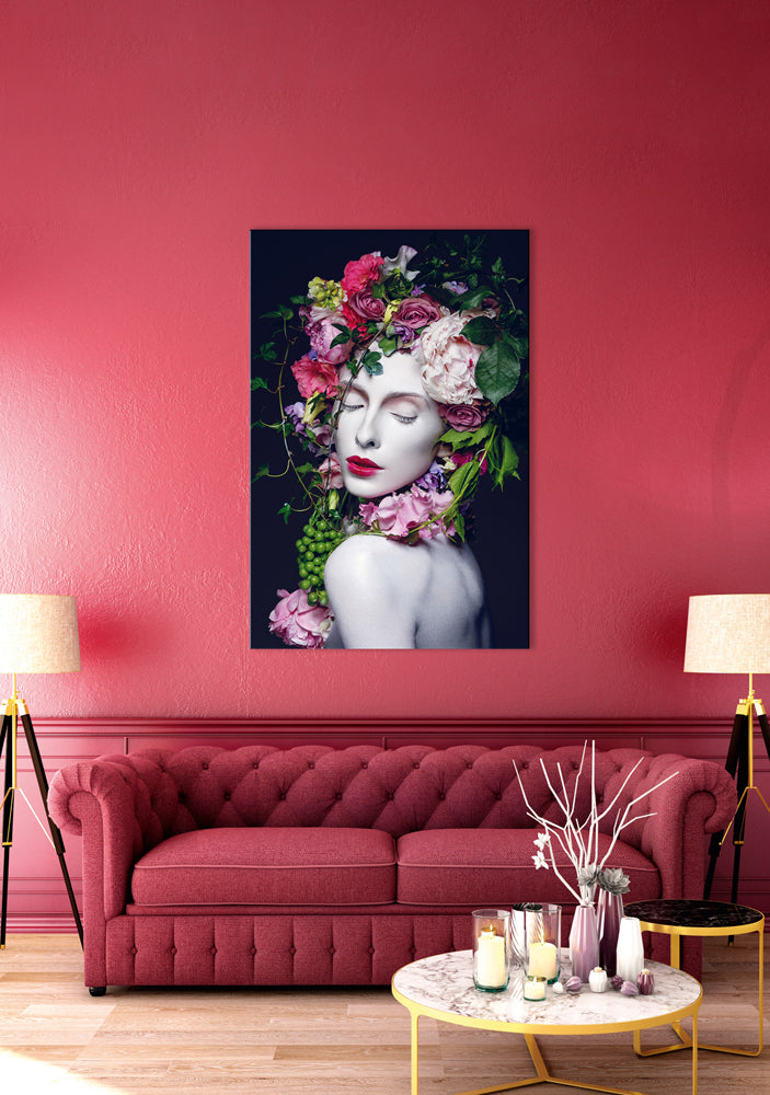 Aluminum picture Pretty woman with flowers