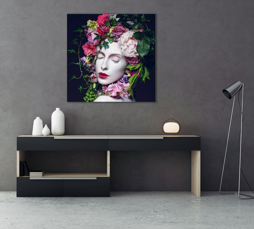 Aluminum picture Pretty woman with flowers