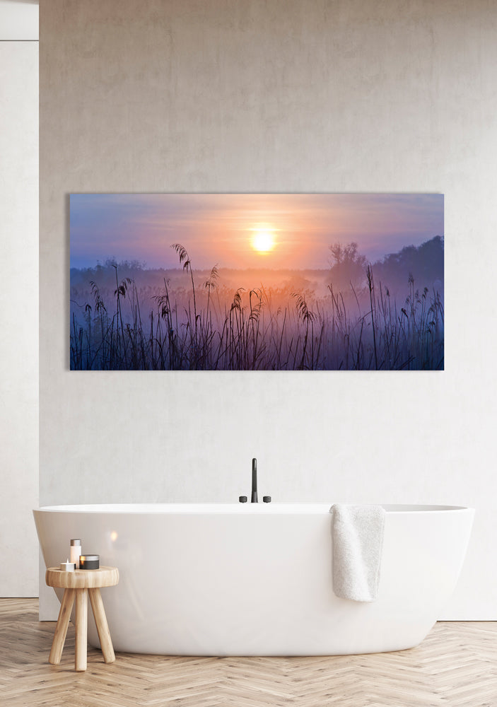 Tableau en aluminium Lever de soleil dans le brouillard
