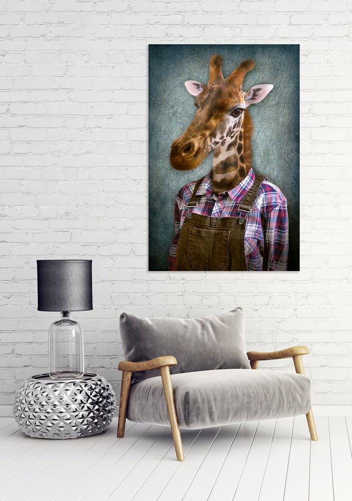 Aluminium picture Giraffe with dungarees