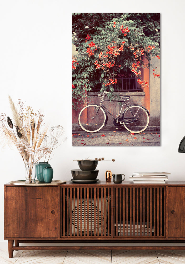 Aluminum picture Bicycle under red flowers