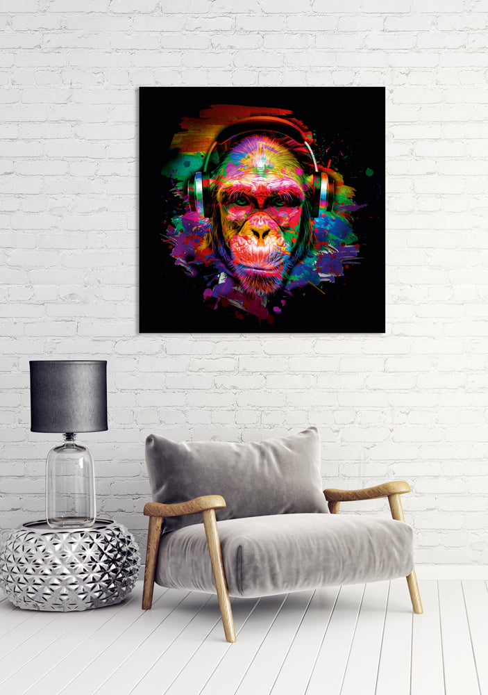 Aluminium picture Pop Art Chimpanzee with headphones