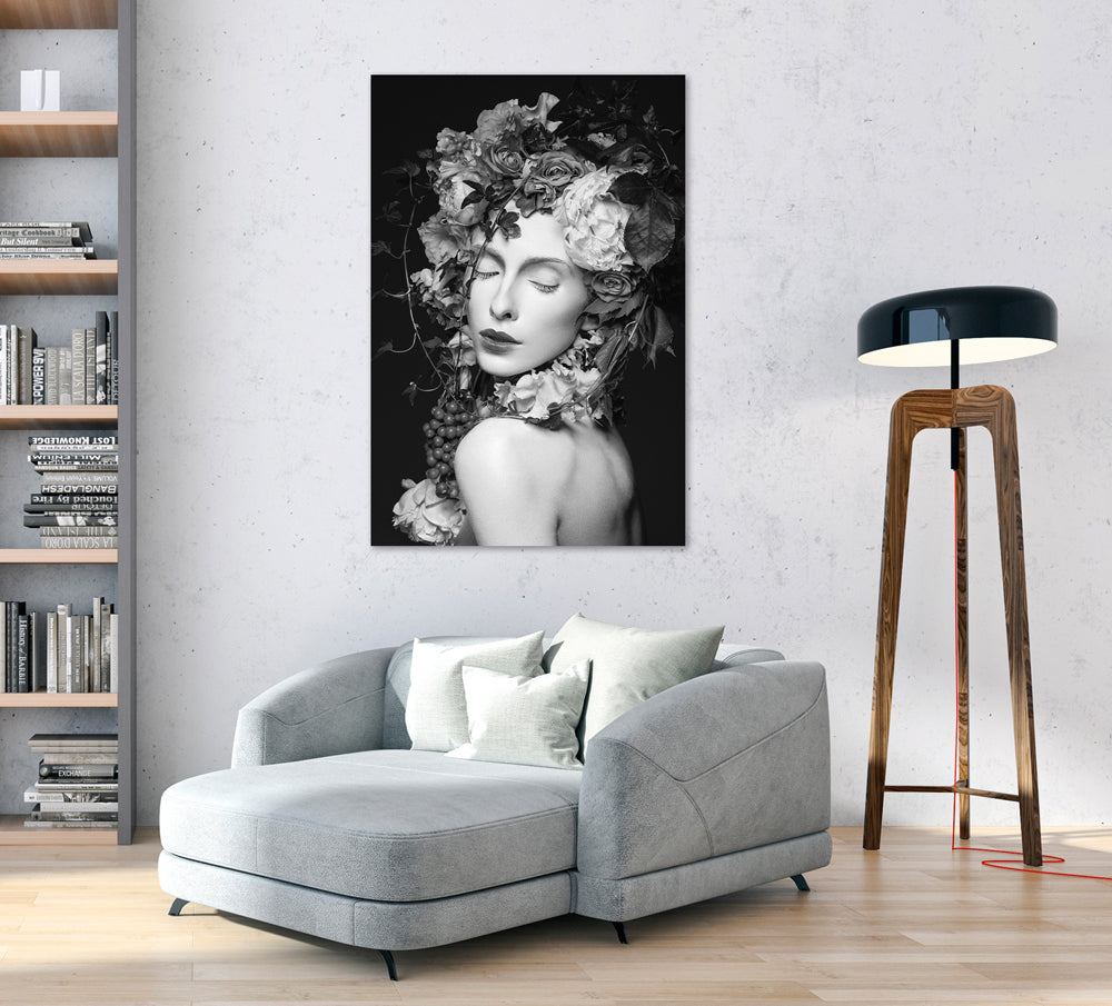 Aluminum picture Pretty woman with flowers