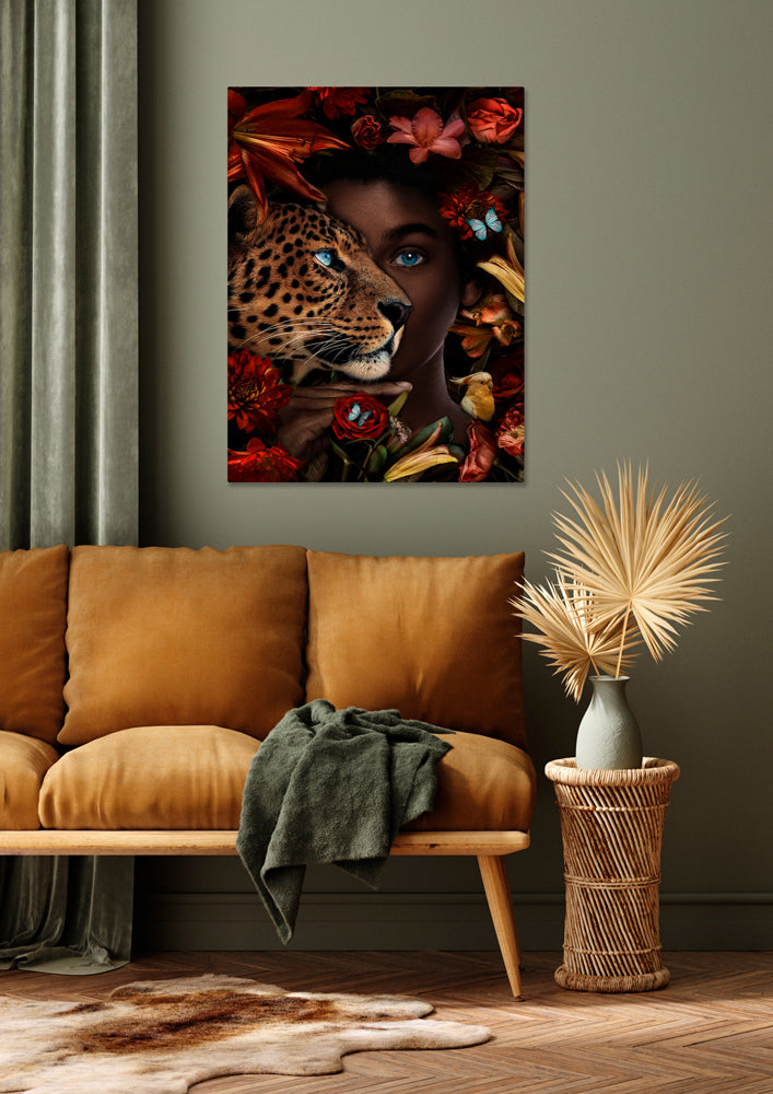 Glass Picture Lady with Leopard