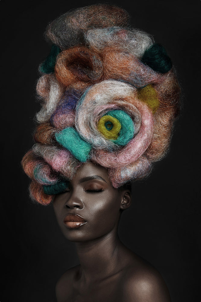 Glass picture Beauty with headdress made of felt