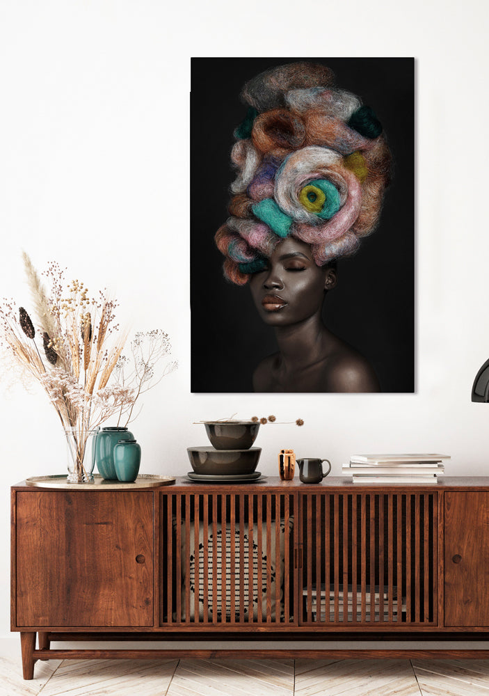 Glass picture Beauty with headdress made of felt