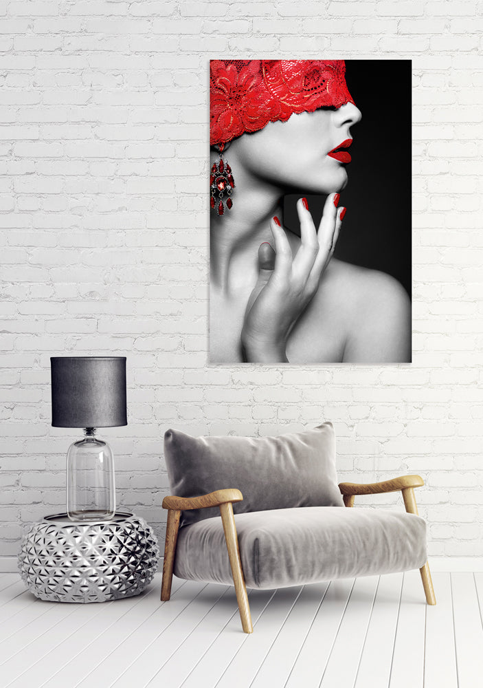 Glass picture Woman with red accents