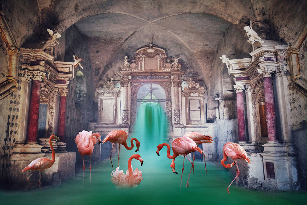 Glass Picture Bathing Flamingos