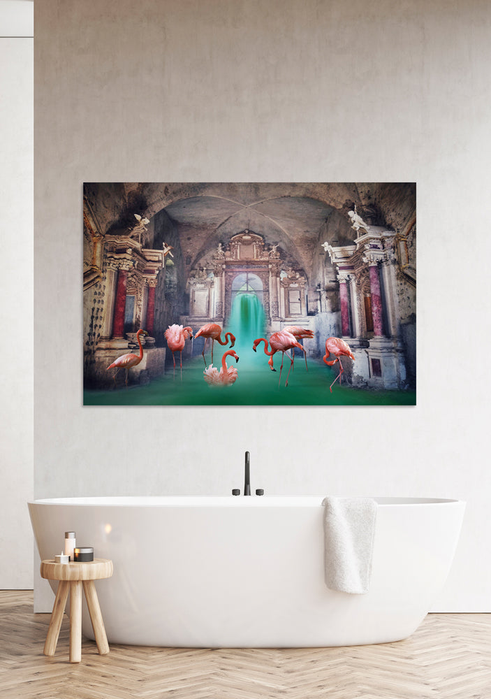 Glass Picture Bathing Flamingos