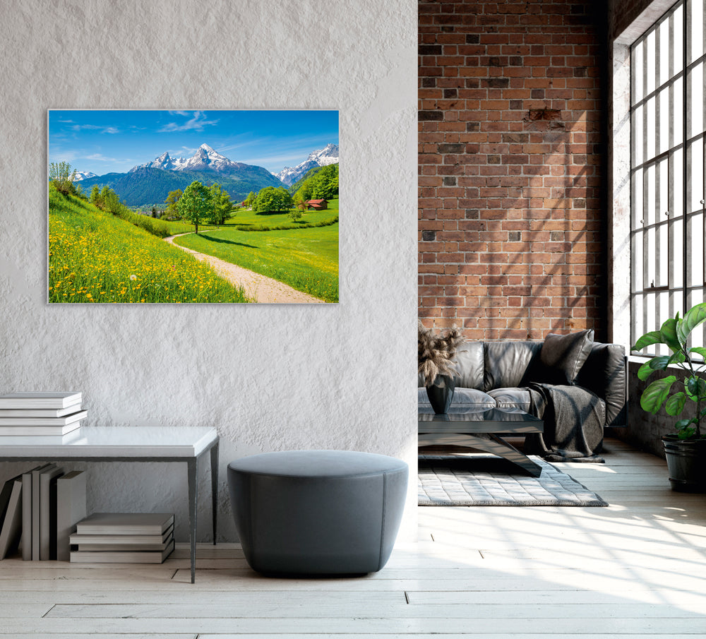Picture &amp; Frame Green valley in front of snow-capped mountains